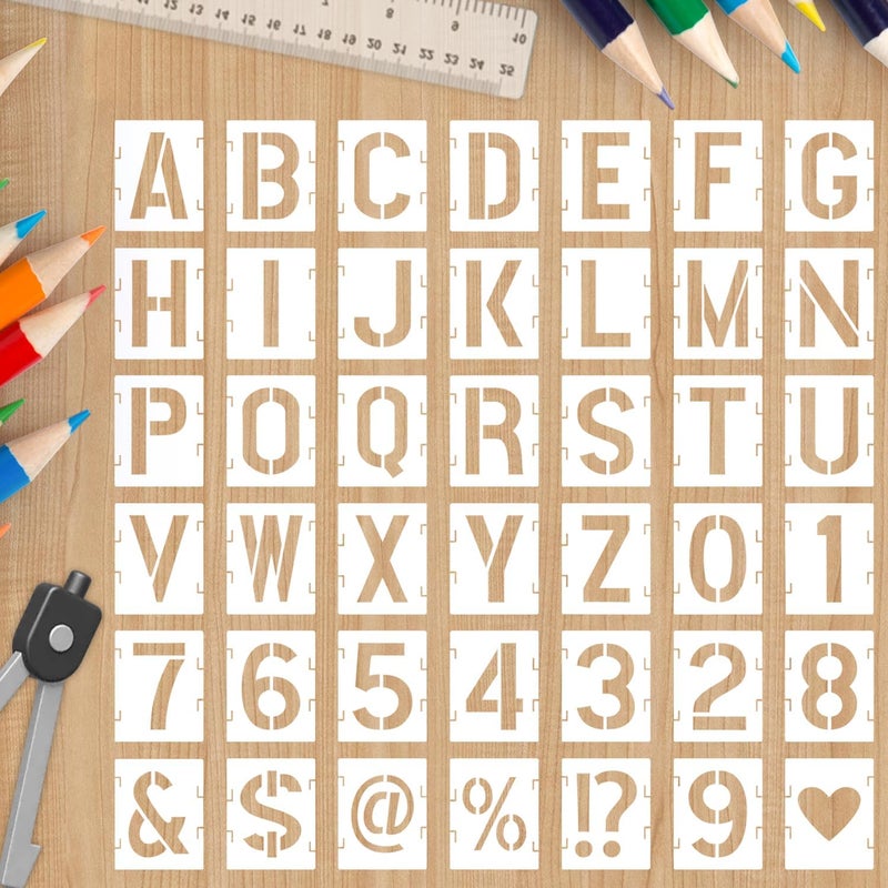 Resflyar 2.5 Inch Alphabet Letter Numbers Stencils, 42 PCS Plastic Letter Number Symbol Interlocking Drawing Template Kit for Painting on Wood Wall Fabric Rock Signage, Door Porch, DIY Art Projects - Image 1